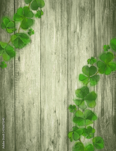 St.Patrick Day Template with Green Wood Background and Shamrock Wreath.