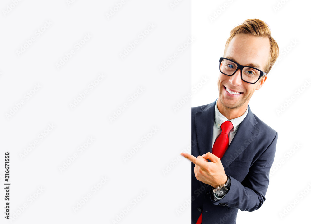 Funny businessman in confident suit and red tie, showing blank sign board or banner with copy space area for some text or slogan, isolated over white background. Funny businessman in confident suit and red tie, showing blank sign board or banner with copy space area for some text or slogan, isolated over white background.
