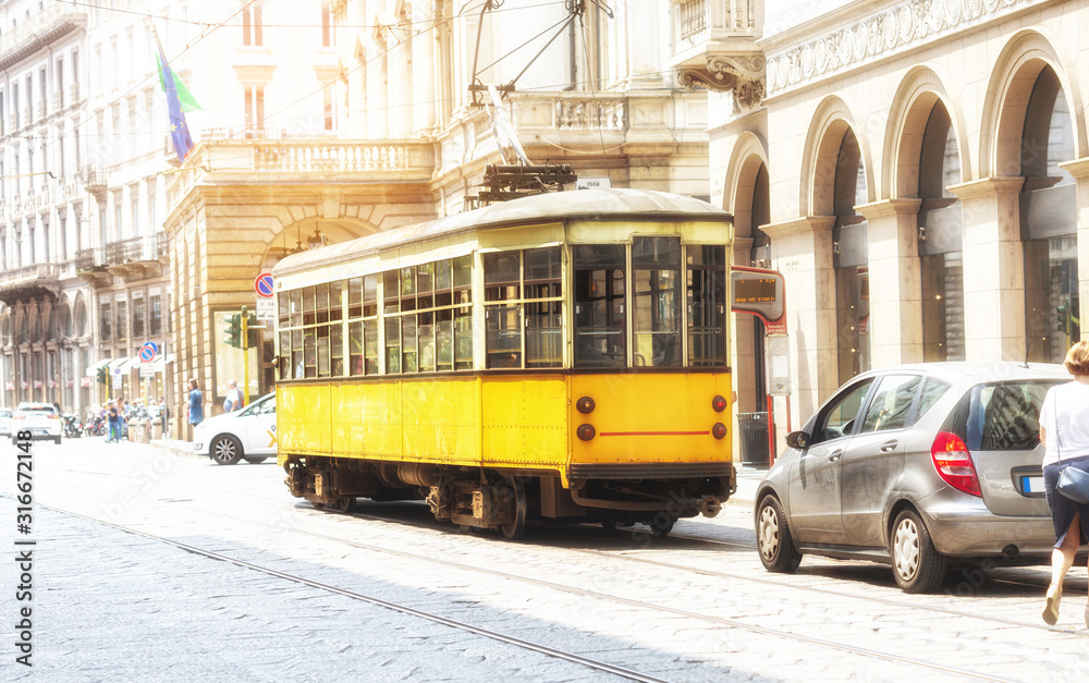 Vintage tram in the streets of Milan, Italy