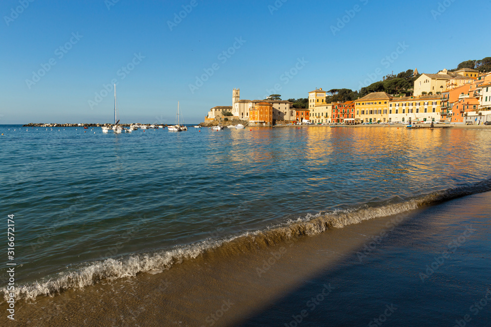 Beautiful beach at sunrise sestri levante in the province Genoa, Italy