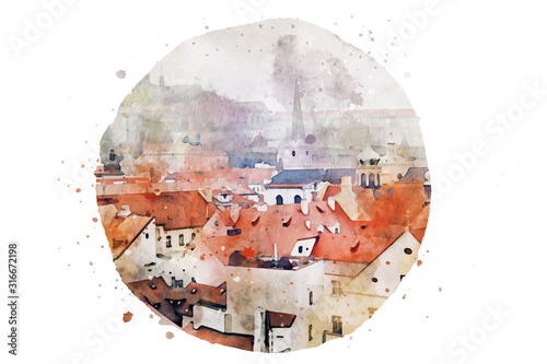 watercolor style and abstract illustration of Prague old houses tile roofs, castle and cathedral. view from above