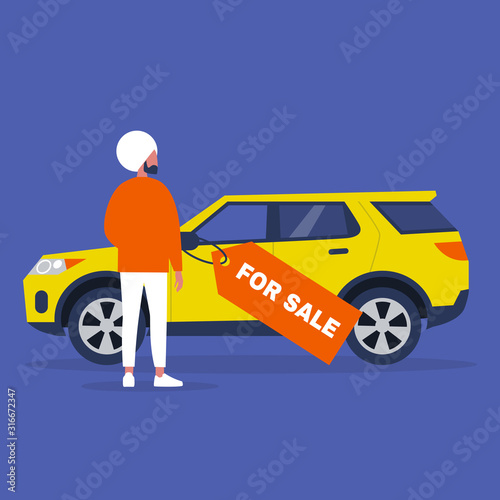 Car for sale, a young indian male character buying a vehicle, suv