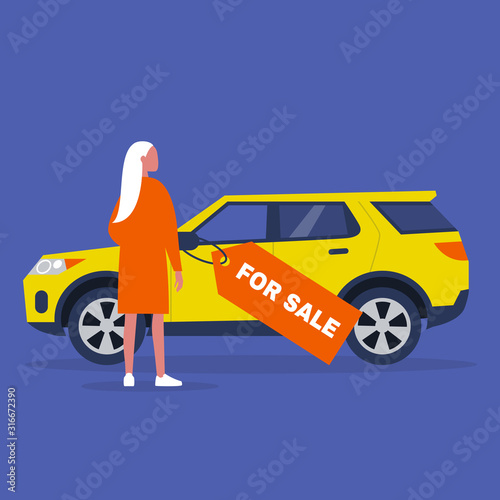 Car for sale, a young female character buying a vehicle, suv