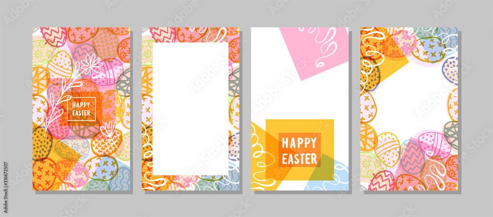 Set of beautiful vertical easter patterns for social networks. Colorful easter cards with eggs and place for text. Vector illustration