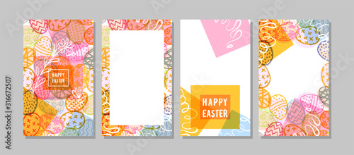 Set of beautiful vertical easter patterns for social networks. Colorful easter cards with eggs and place for text. Vector illustration