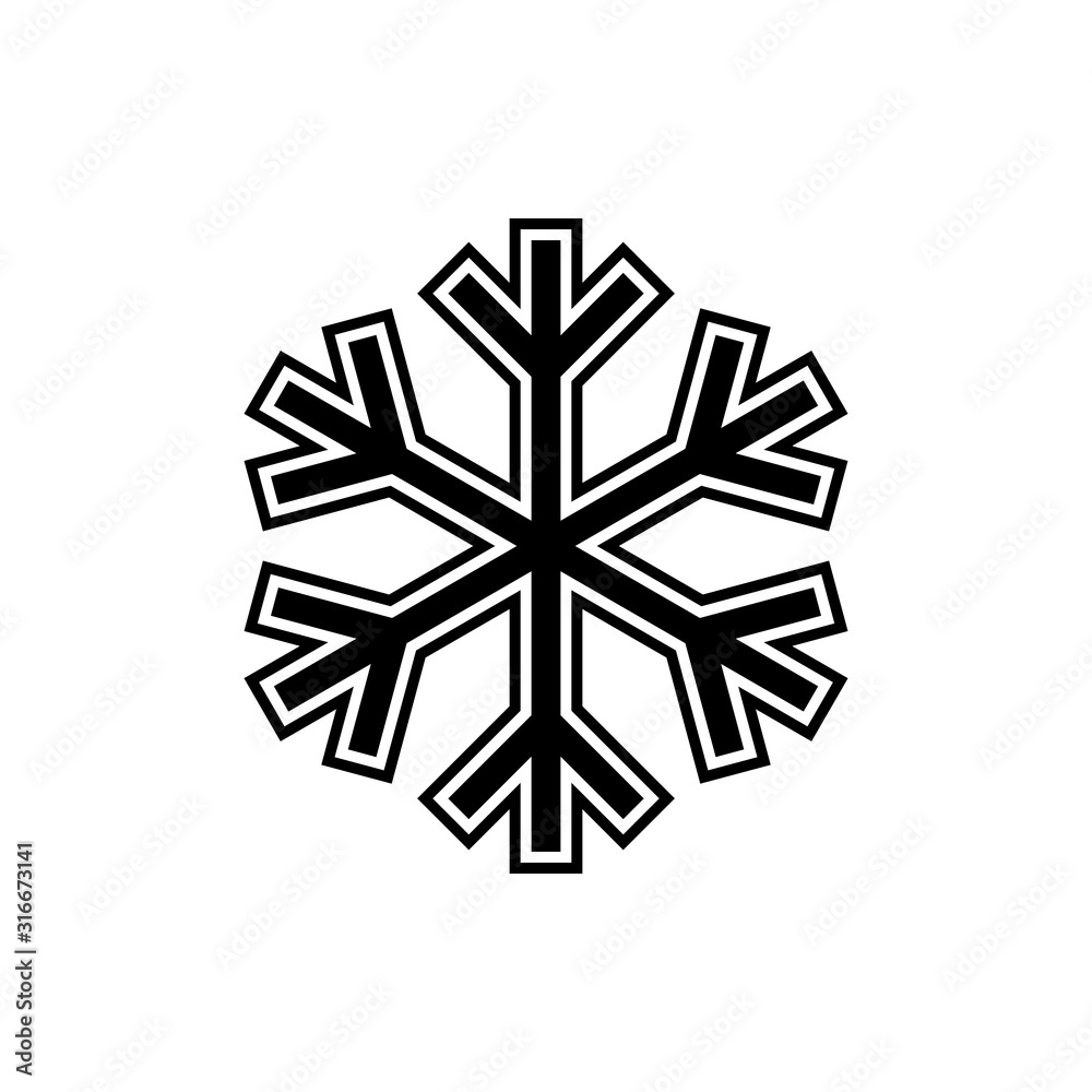 Black and white snowflake symbol vector on white background.
