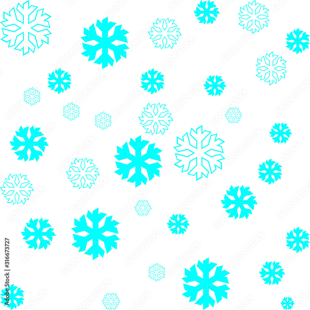 Blue snowflakes symbol vector repeat pattern on white background.