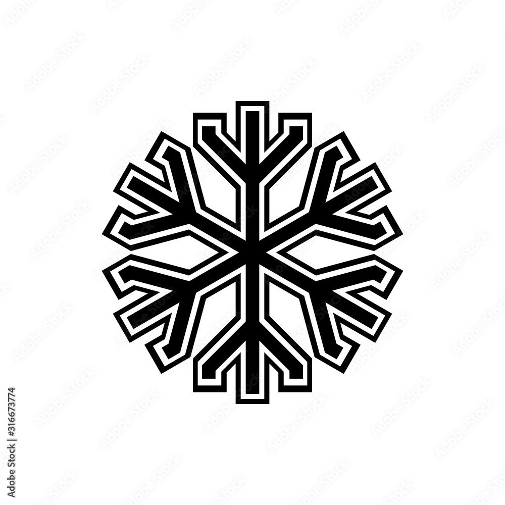 Black and white snowflake icon vector on white background.