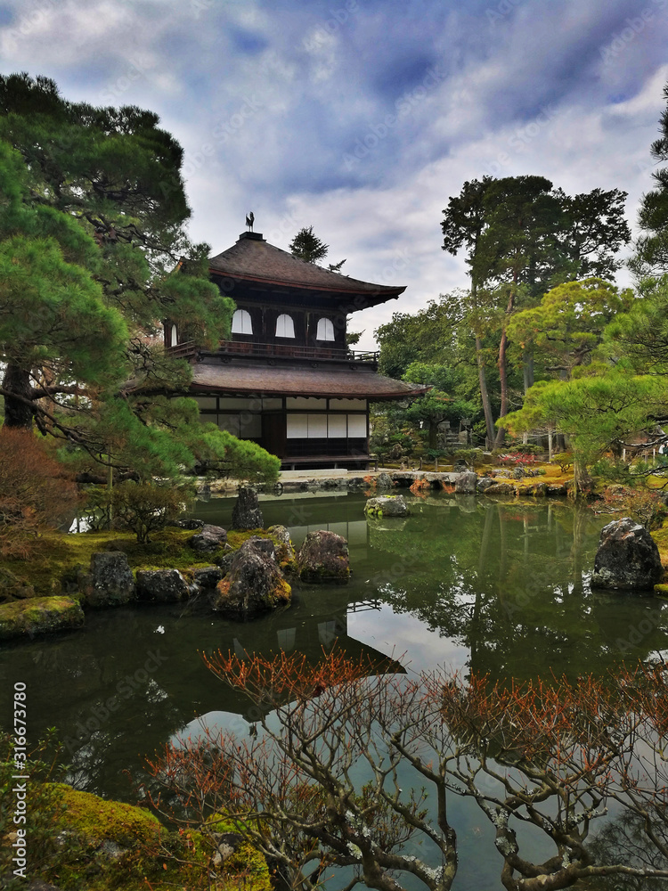Ginkakuji the silver palace in Kyoto. Japanese style architecture in a tourist attraction near philosophy walk. grand building in a traditional Japan garden.