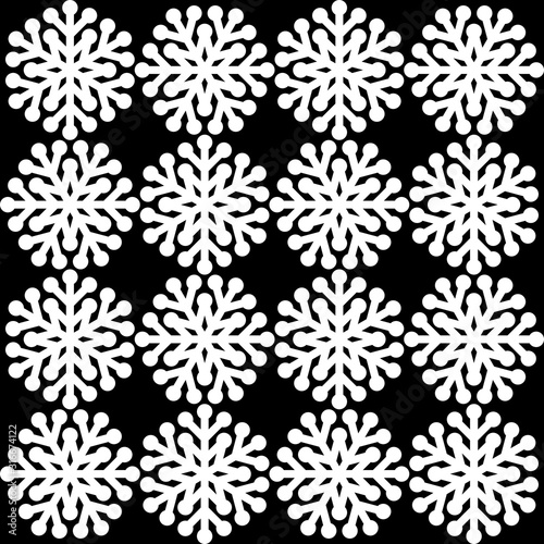 White snowflakes icon vector repeat pattern on black background.