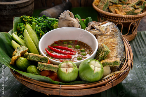 Shrimp-paste sauce,Spicy Kapi, Fried mackerel with shrimp paste sauce and vegetable set. Thai food