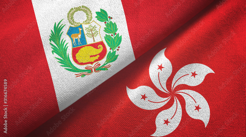 Peru and Hong Kong two flags textile cloth, fabric texture Peru and Hong Kong two flags textile cloth, fabric texture
