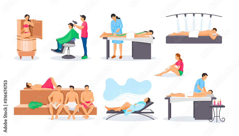 Obraz premium Wellness spa procedures set. Treatments, skin care therapy, treatments, procedures massage, wax depilation, relaxing shower, sauna spa wellness water, men's haircut. Healthy lifestyle vector concept
