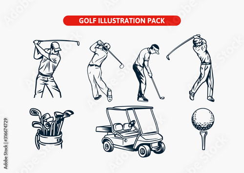 golf illustration vector element man cart bag ball in pack