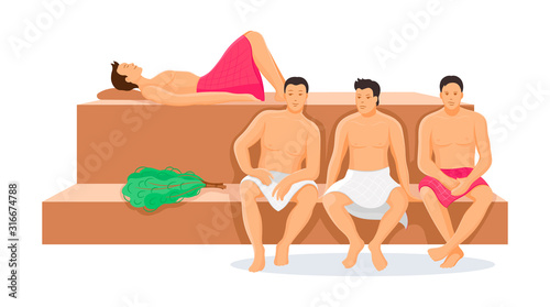 Men in a steam room, with towels brooms. Group people men together relaxing in the wood sauna. Sauna spa wellness water procedure cartoon vector illustration. Healthy lifestyle concept