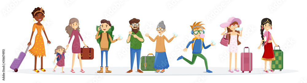 Travelers group with luggage late for airplane vector