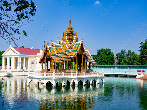    Building Mid water Pattern Style Thai architecture and Europe architecture at Bang Pa In Royal Palace Ayutthaya Thailand Thai identity Background Blue Sky