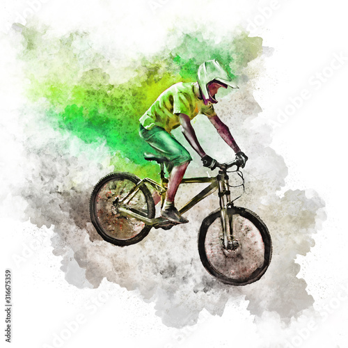 Fototapeta Naklejka Na Ścianę i Meble -  Flying cyclist in a helmet on a downhill bike. Watercolor and pencil color illustration on a white background.