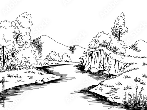 River graphic black white landscape sketch illustration vector