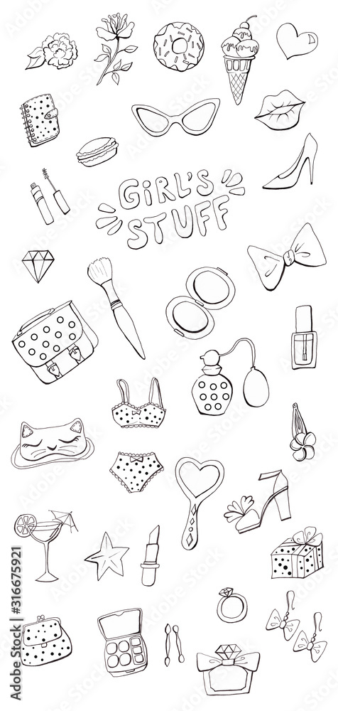 Girl's Stuff Doodle Hand Drawn Clip Art. Funny Big Set of Girly Things.  Make up, Bag, Purse, Perfume, Kiss, Flowers, Glasses. Black and White  Lineart Stickers. Coloring Page Stock Illustration