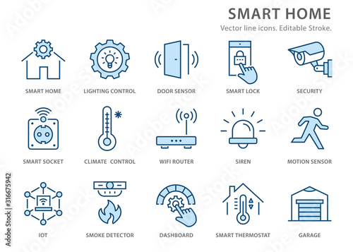 Smart home flat line icon set. Vector illustration. Editable stroke.