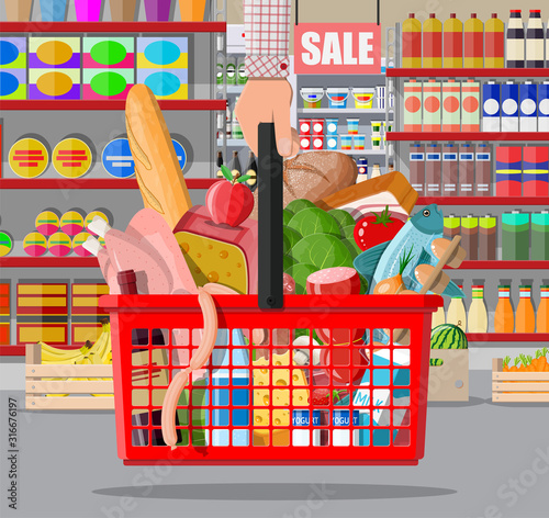 Supermarket store interior with goods. Big shopping mall. Interior store inside. Checkout counter, grocery, drinks, food, fruits, dairy products. Vector illustration in flat style