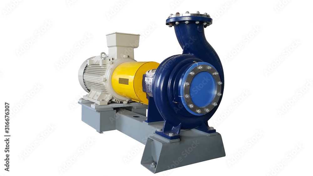 Electric motor on baseplate in pulp industial , Pump and accessories open check in annual preventive maintenance on white isolated background Electric motor on baseplate in pulp industial , Pump and accessories open check in annual preventive maintenance on white isolated background
