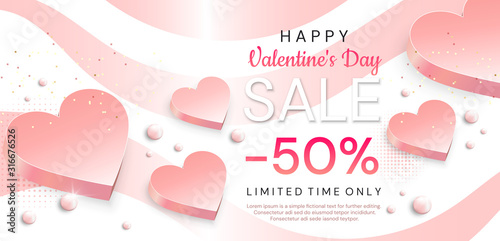 Valentine's Day sale banner. Romantic composition with hearts on the white background . Vector illustration for website , posters,ads, flyers and other promotional material.