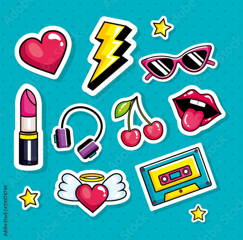 cassette music with set icons pop art style vector illustration design