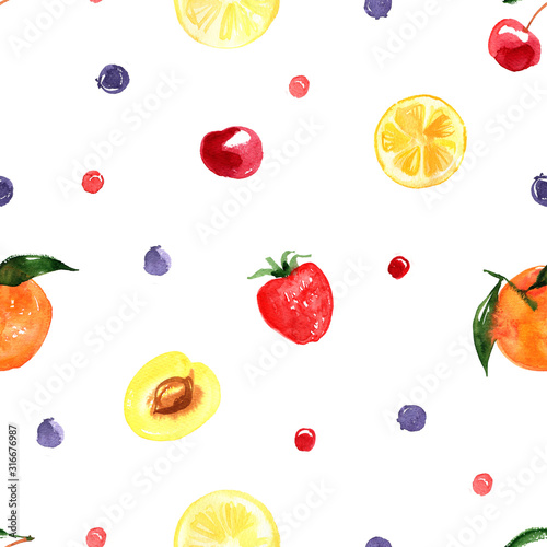 Fototapeta Naklejka Na Ścianę i Meble -  Pattern of fruit painted with watercolor on a white background. Orange, mandarin, pomegranate, berries, pear, plum, banana. A colored sketch of fruits.