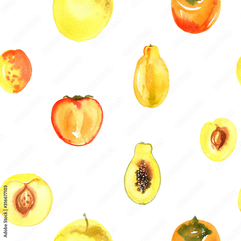 Pattern of fruit painted with watercolor on a white background. Orange, mandarin, pomegranate, berries, pear, plum, banana. A colored sketch of fruits. Pattern of fruit painted with watercolor on a white background. Orange, mandarin, pomegranate, berries, pear, plum, banana. A colored sketch of fruits.