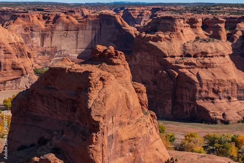 High angle landscape of the inner canyons and butte at Canyon de Chelly National Monument in Arizona