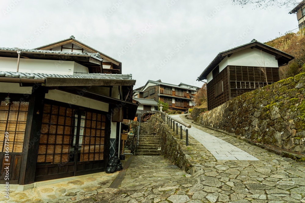 石垣と石畳がある古い町並み／Magome-juku is an old town in Gifu Prefecture, Japan.