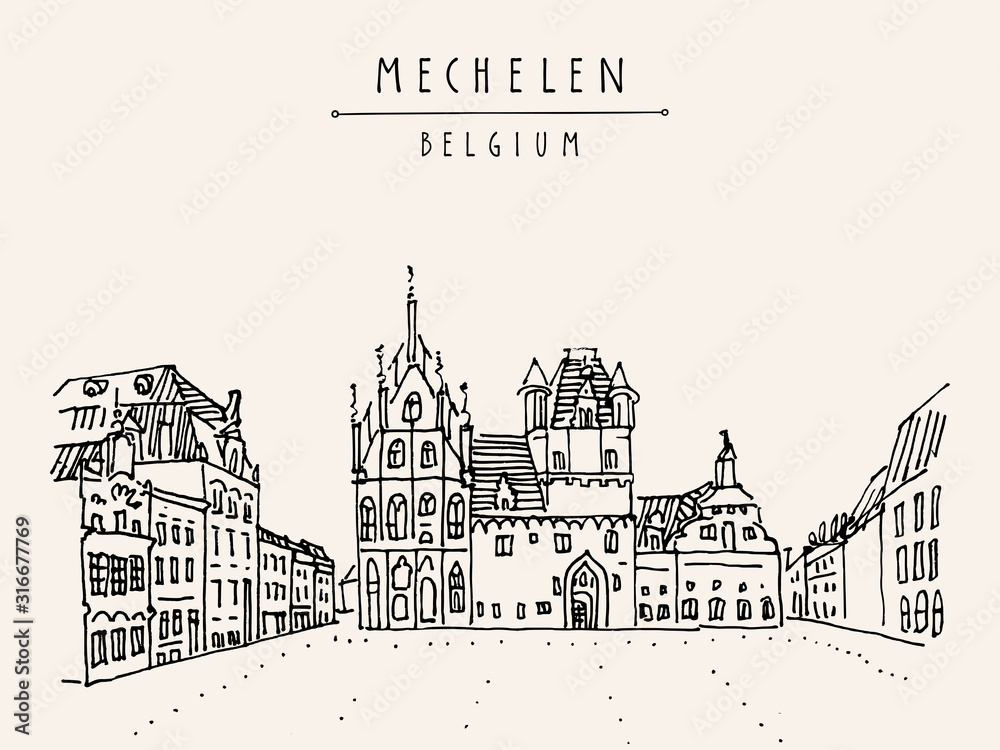 Mechelen, Belgium, Europe. Town hall  on Grote Markt. Hand drawn travel postcard. Travel sketch. Hand drawing of Mechelen. Vintage hand drawn Belgium postcard