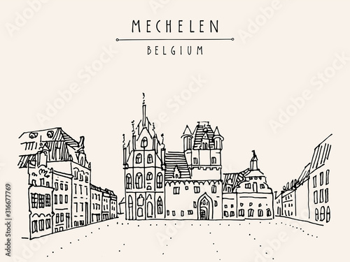 Mechelen, Belgium, Europe. Town hall on Grote Markt. Hand drawn travel postcard. Travel sketch. Hand drawing of Mechelen. Vintage hand drawn Belgium postcard