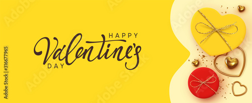 Happy Valentine's Day. Horizontal banner, header template for the website. Romantic realistic design elements, gift box, metal hearts strewn with sparkles confetti. Handwritten calligraphy lettering.