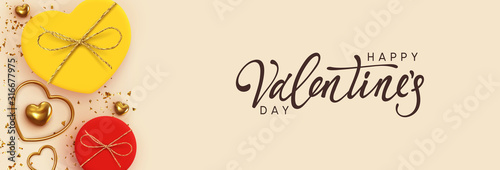 Happy Valentine's Day. Horizontal banner, header template for the website. Romantic realistic design elements, gift box, metal hearts strewn with sparkles confetti. Handwritten calligraphy lettering.