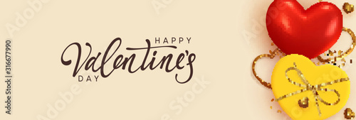Happy Valentine's Day. Horizontal banner, header template for the website. Romantic realistic design elements, gift box, metal hearts strewn with sparkles confetti. Handwritten calligraphy lettering.