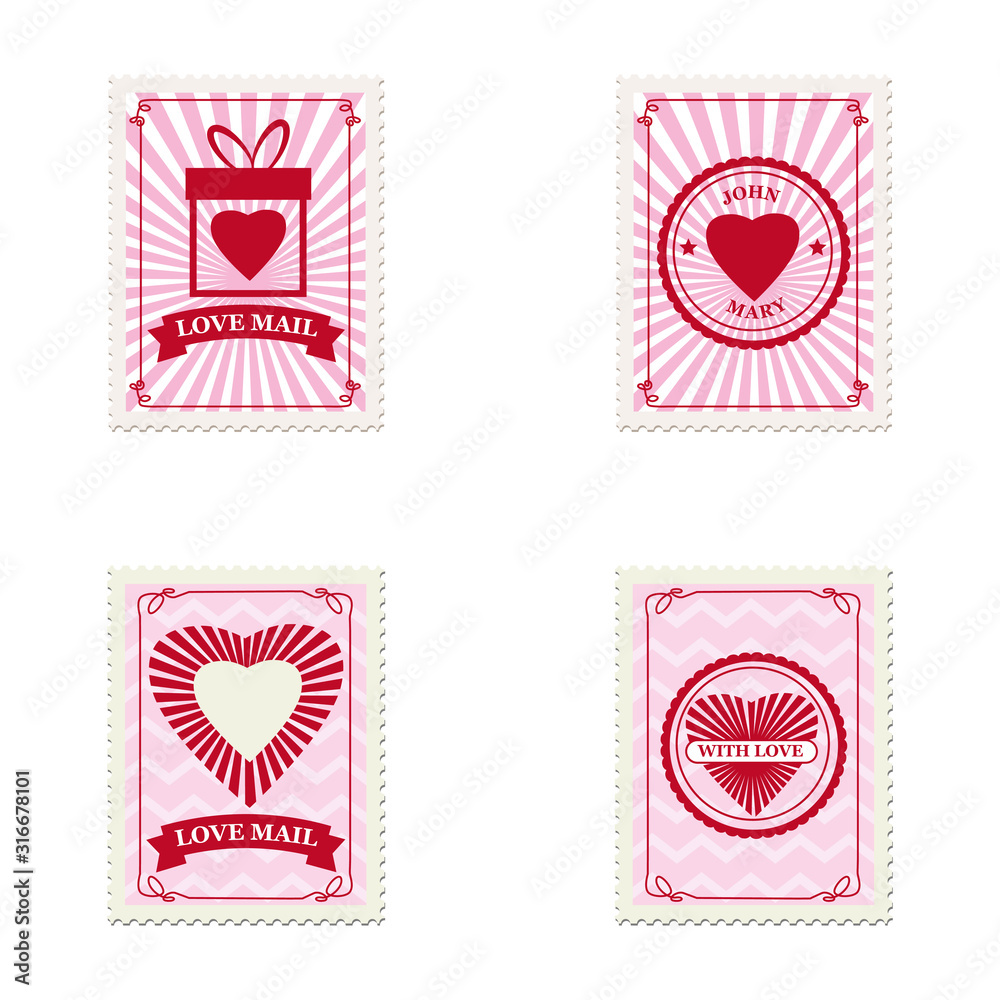 Set Valentine s day postage stamps, collection for postcard, mail envelope