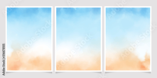 abstract loose blue and sand beach watercolor background for wedding invitation card template layout 5x7 vertical