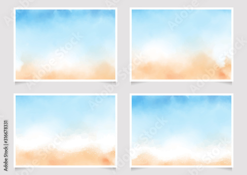 abstract loose blue and sand beach watercolor background for wedding invitation card template layout 5x7 horizantal