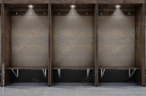 Empty wooden cubicles with a bench and hangers in a sports locker change room - 3D render