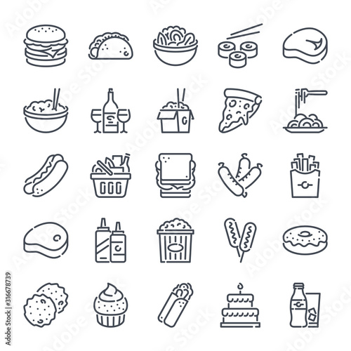 Food and Drink bold line icon set. Fast food linear icons. Meal and beverage outline vector sign collection.