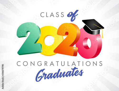 Class of 2020 year graduation banner, awards concept. T-shirt idea, happy holiday invitation sign, bright 3D emblem. Isolated logotype, abstract graphic design template. Bright text, white background.