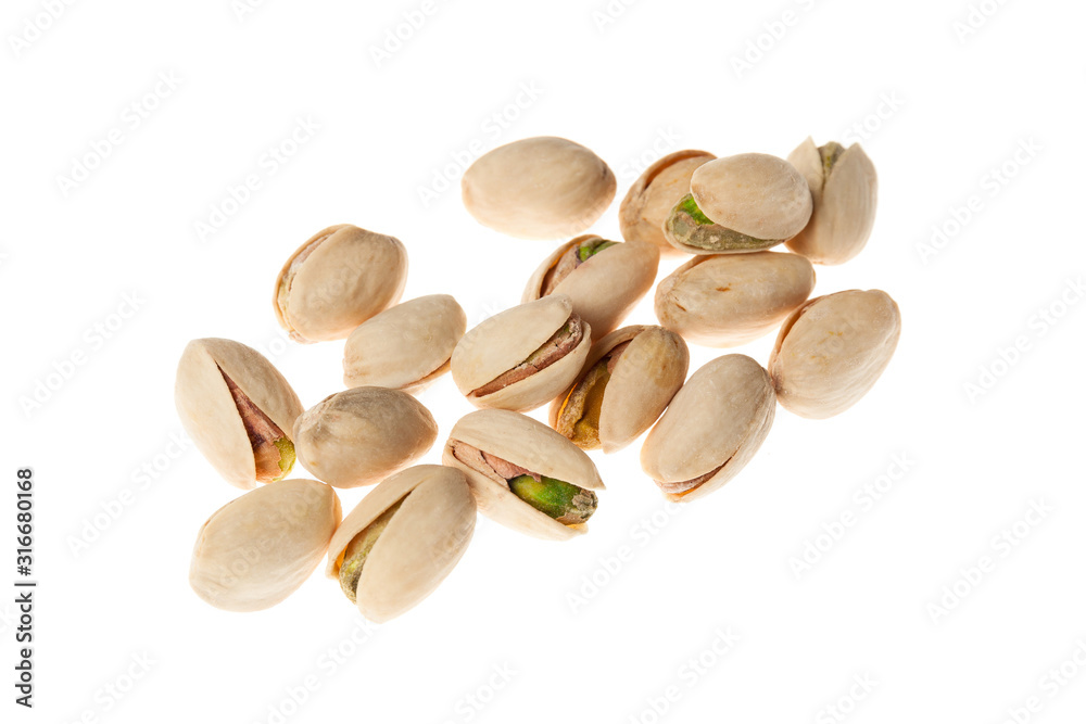 Salted pistachios nuts isolated on white background. Healthy snack.
