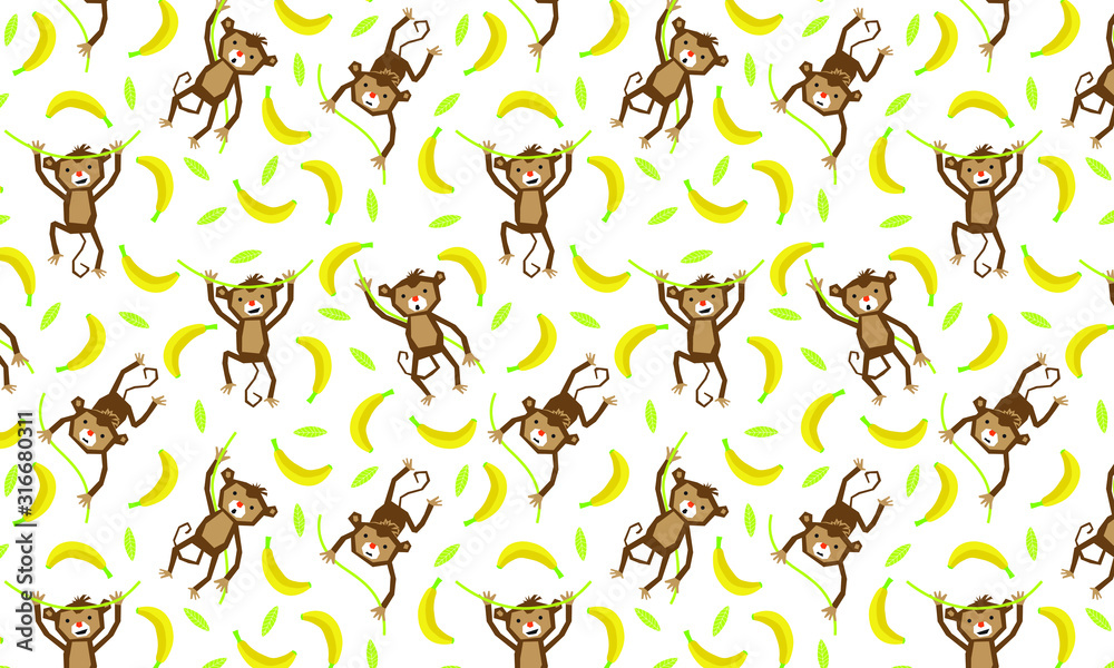 seamless pattern cute monkey in white background with leaf and banana ornament