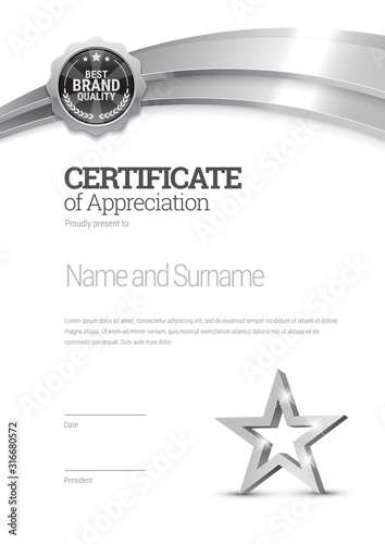 Silver Certificate template. Diploma of modern design or gift certificate. Vector illustration.
