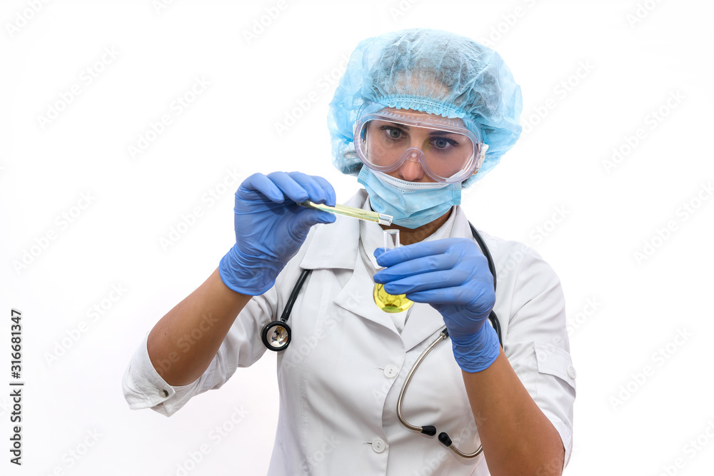 Scientist in protective uniform with flask isolated on white