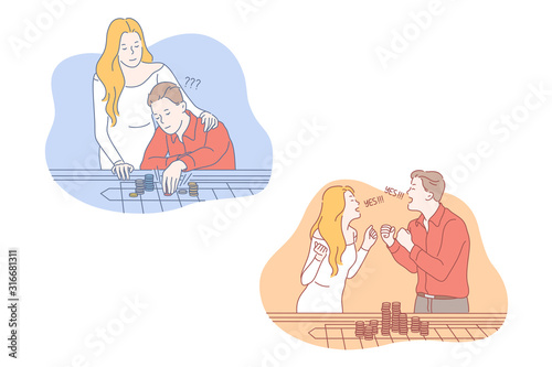 Couple, gambling, teamwork, success set concept. Young couple gamble at casino to earn big money. Venturous man and woman played roulette and were succesful. Teamwork in gambling. Simple flat vector