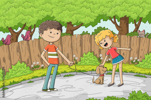 Boy and girl with a dog in the street. Hand drawn vector illustration with separate layers.